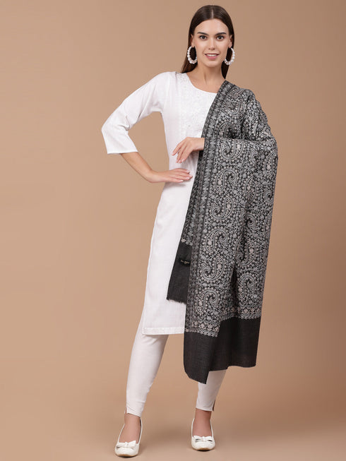 Women's Greyish Black Silky Aari Embroidery Wool Shawl
